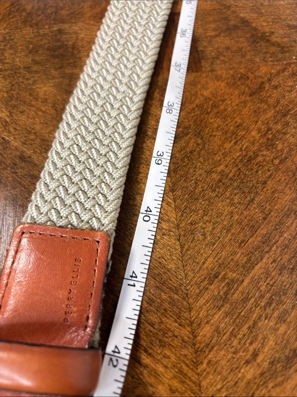 Perry Ellis Beige Woven Belt with Brown Cowhide Leather Trim
